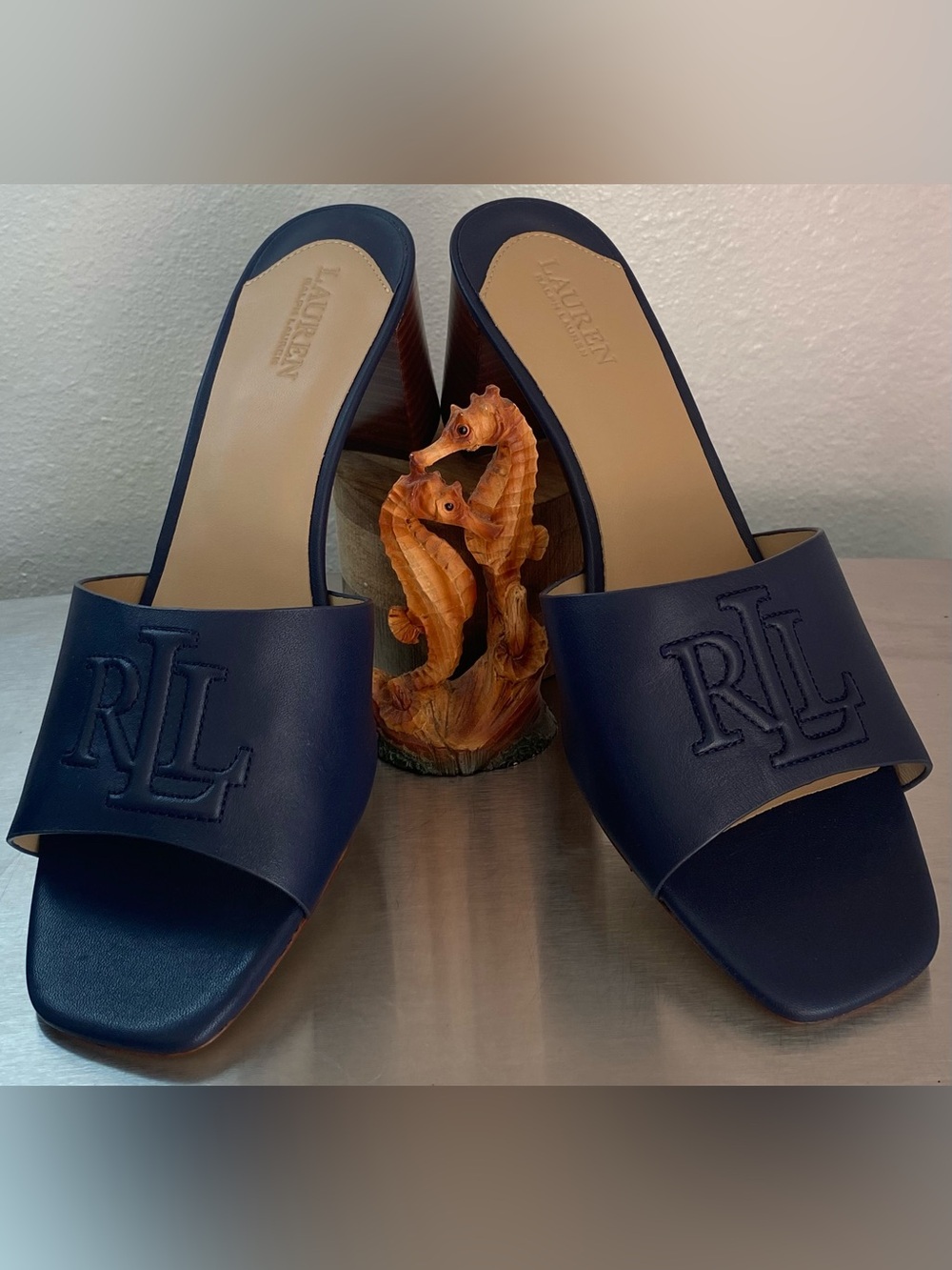 RALPH LAUREN NAVY LEATHER BLOCK HEEL MULES-NEW - Picture 7 of 15